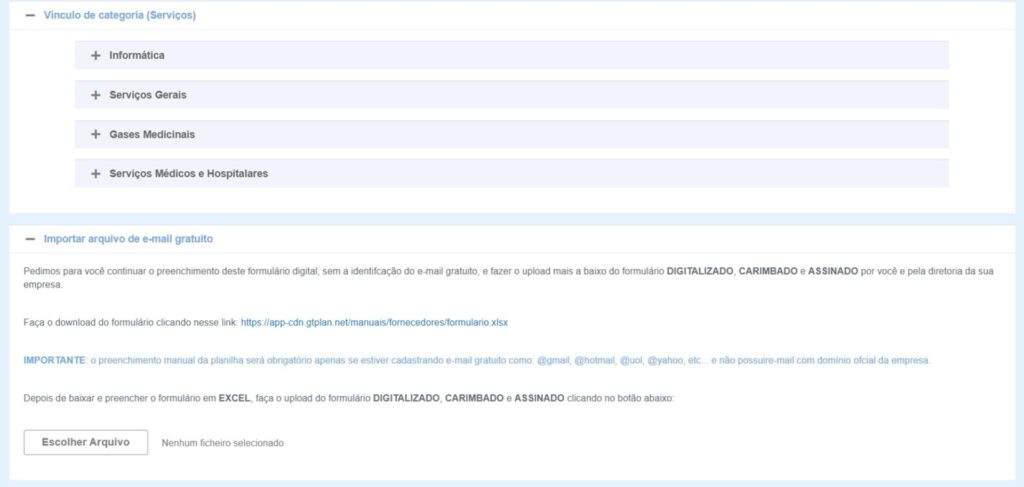 Categorias de Serviço e Importação de Arquivo de E-mail Gratuito