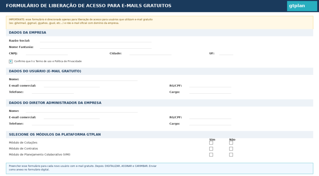 Formulário de Liberação de Acesso para E-mails Gratuitos — Modelo Excel