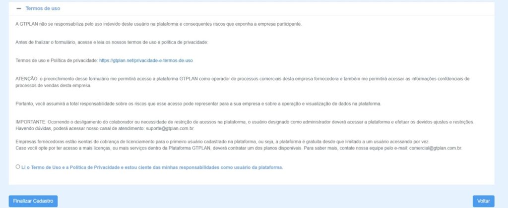 Termos de Uso — Leia, aceite e clique em Finalizar Cadastro