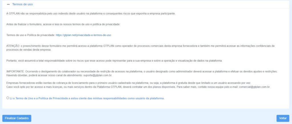 Termos de Uso — Última etapa antes de finalizar o cadastro